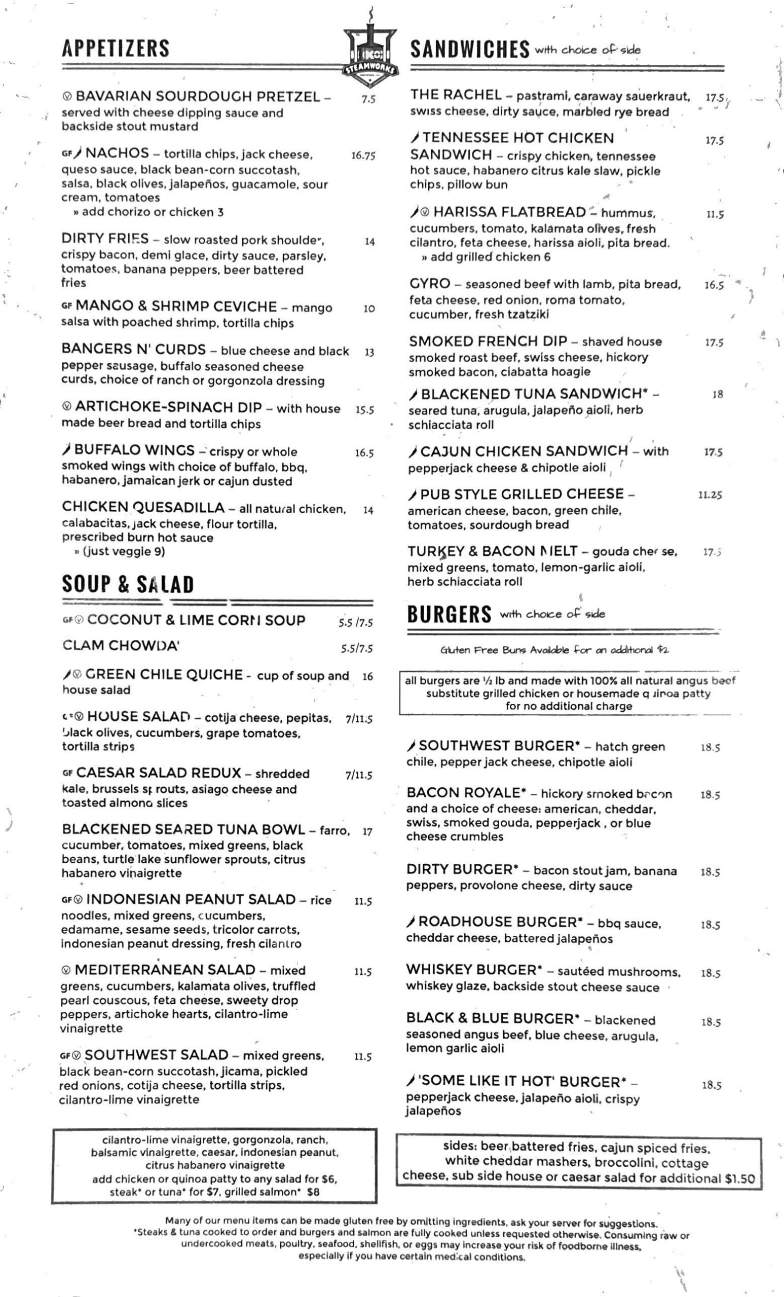 Steamworks Brewing food menu page 1: appetizers, soup and salad, sandwiches, burgers