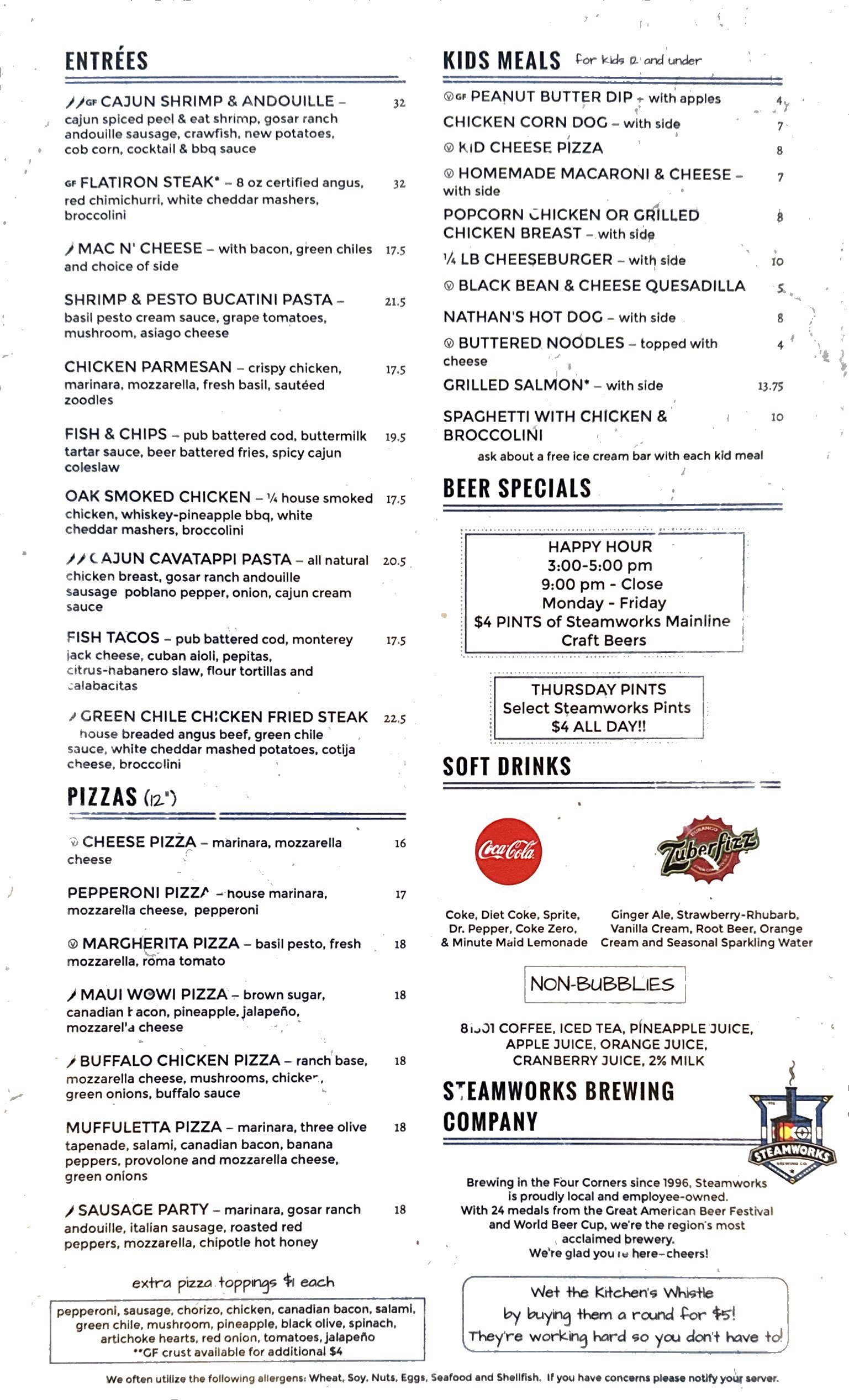 Steamworks Brewing food menu page 2: entrees, pizzas, kids meals, beer specials, soft drinks